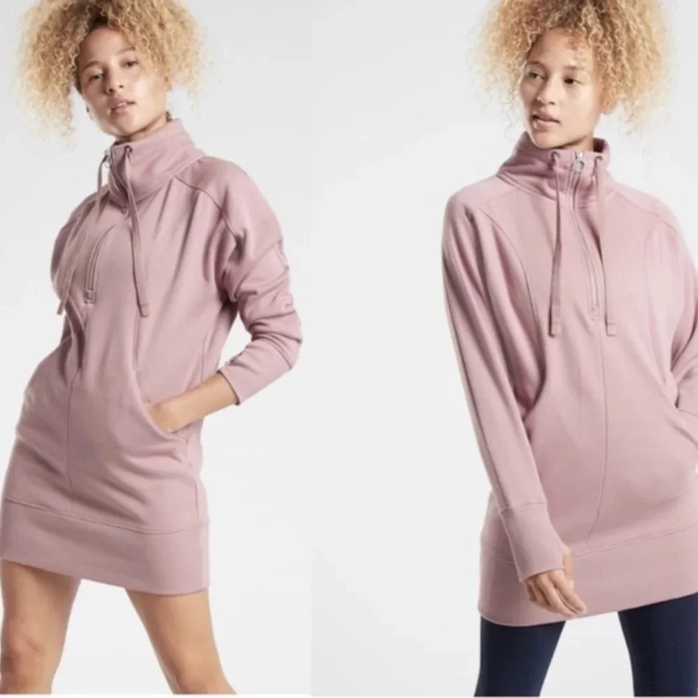 ATHLETA sz S Cozy Karma 1/4 Zip Sweater Dress Tunic  Fleece Lined Floral Mauve - Picture 4 of 16
